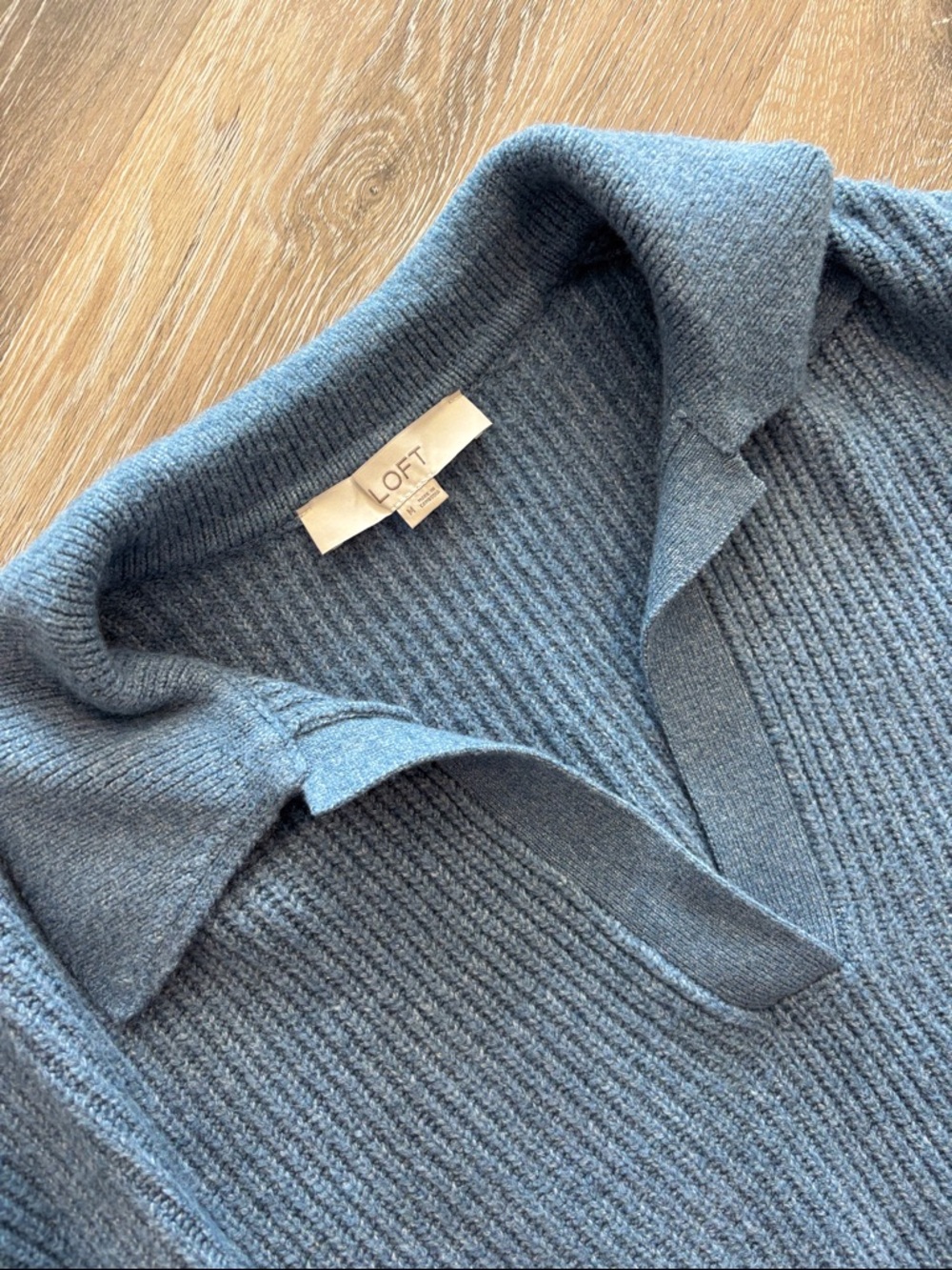 Loft Soft Knit Ribbed Collared Split Neck Sweater - Blue Slate Melange